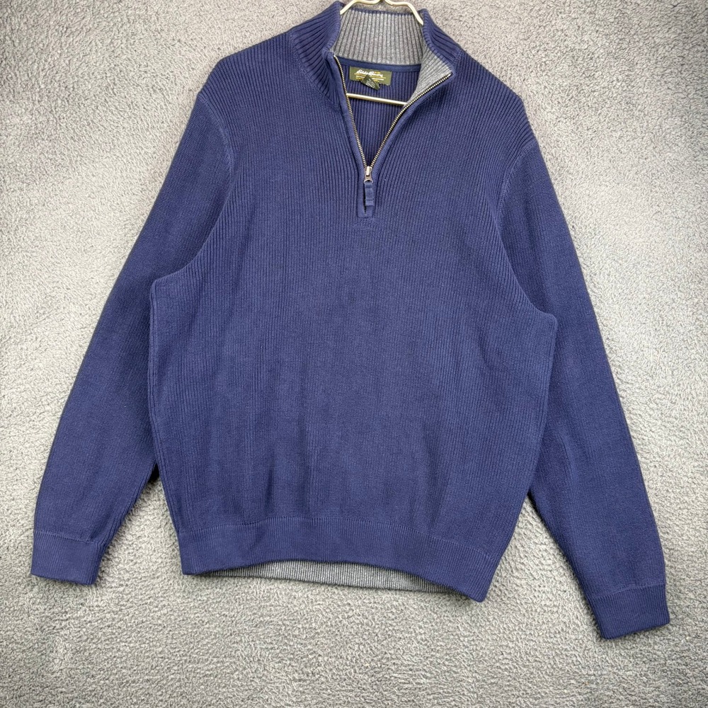 Eddie Bauer Mens Large Blue 1/4 Zip Ribbed Cotton Pullover Sweater Mock Neck
